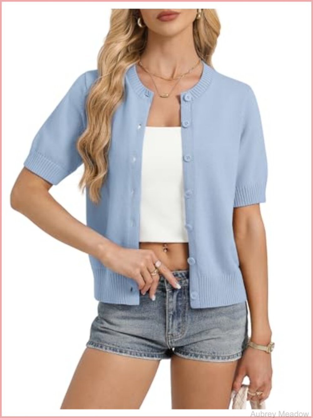 Womens Casual Short Sleeve Button Up Cardigan Summer Ribbed Ribbed Knit Cotton